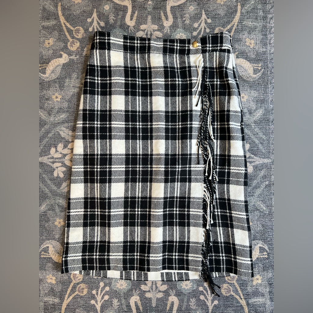 Talbots Black And White Plaid Wrap Pencil Skirt With Fringe